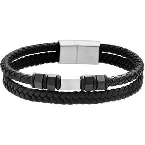 Men's Two-Layer Braided Genuine Leather Wheat Chain Bracelet with Stainless Steel Ornaments