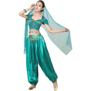 Arabian Jasmine Costume for Women Princess Dress Up Halloween Belly Dance Top Pants 4 Piece Outfit
