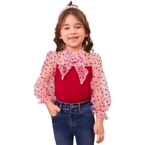 WDIRARA Toddler Girl's Heart Print Sheer Mesh Cute Bow Front Long Sleeve Party Top Blouse