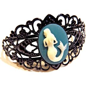 Black Metal Mermaid Cameo Filigree Cuff Bracelet Bangle Teal Green Ivory-Tone Siren