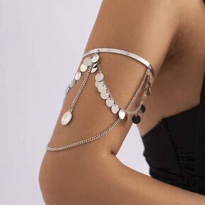 Missgrace Boho Dainty Sequins Gold Silver Chain Tassels Upper Arm Cuff Armlet Open Cuff Wrap Bohemian Layered Coin Bracelet Arm Bangles Wedding Costume Jewelry for Women