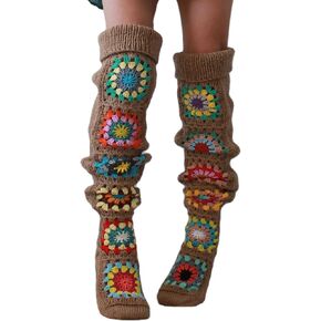 Womens Granny Square Over Knee High Socks Crochet Knitted Stockings Tube Long Leg Warmers Cable Thigh High Boot Socks