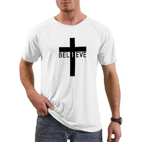 Men's Short Sleeve Fitted Gym T-Shirts with Believe Cross Graphic Christian Shirts