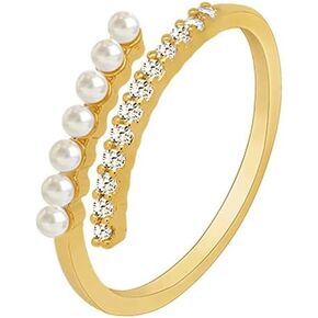 Elegant Pearl Open Stacking Ring Sterling Silver S925 Yellow Gold Crystal CZ Eternity Engagement Statement Rings Wrap Tail Finger Band for Women Girls