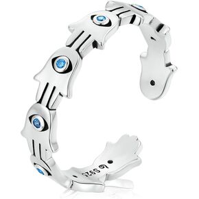 Hamsa Evil Eye Hand Blue CZ 925 Sterling Silver Open Adjustable Statement Rings for Women Teen Girls Dainty Band Tail Stackable Crystal Finger Ring Personalized Fashion Jewelry Gifts Bff Birthday Daughter