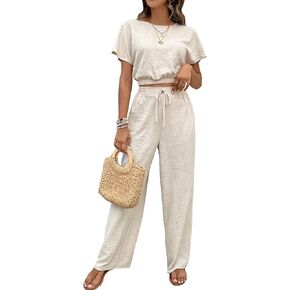 GORGLITTER Women's 2 Piece Outfits Short Dolman Sleeve Boat Neck Crop Tee and Drawstring Waist Wide Leg Pants Set