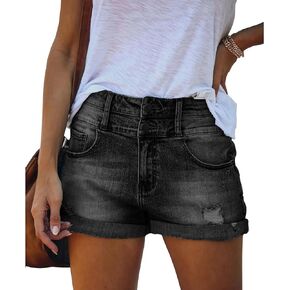 Bichingda Casual Denim Shorts for Women High Waist Frayed Hem Ripped Summer Jeans Short Hot Pants with Pockets
