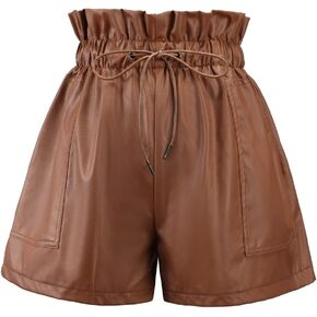 Anienaya Leather Shorts for Women Drawstring High Waisted Wide Leg Black Faux Leather Shorts with Pockets
