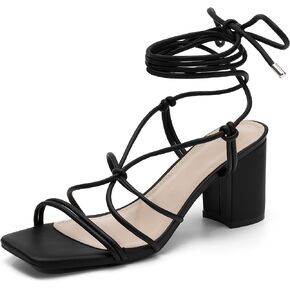 Coutgo Women's Chunky Heel Sandals Lace Up Heels Square Toe Strappy Straps Party Shoes