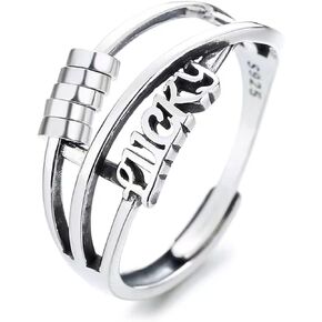 STJERNES s925 Sterling Silver Relaxing Rings With good luck characters，Adjustable Stacking Spinning Worry Ring，Jewelry Gift for Best Friends