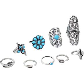 COLORFUL BLING 9 Pcs Set Boho Western Ring Set Turquoise Cactus Arrow Flower Carved Retro Stackable Joint Knuckle Finger Rings Sets for Women Girls