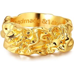 Gold Texture Ring for Women Abstract Art 14K Gold Plated Minimalist Stack Wide Band Finger Jewelry Size 6-8