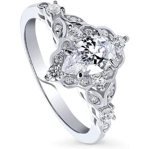 BERRICLE Sterling Silver Halo Wedding Engagement Rings Pear Cut Cubic Zirconia CZ Art Deco Ring for Women, Rhodium Plated Size 4-10