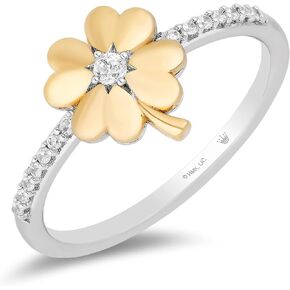 Jewelili Hallmark Fine Jewelry Sterling Silver and 14K Yellow Gold 1/10 Cttw Natural White Diamonds Clover Ring