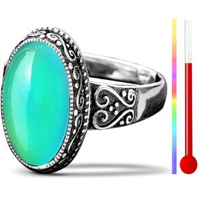 DALEGEM Womens Oval Temperature-Control Color Changing Crystal Ring,Retro 925 Sterling Silver Mystery Changeable Gemstone Boho Ring,Bohemian Statement Gem Stone Ring for Women