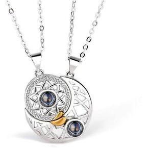 WLLAY Matching Necklace for Couples 100 Languages I Love You Necklace Moon and Sun Pendant Necklace Best Friends Couple Necklace Valentine's Day Gift