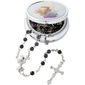 First Holy Communion Rosary Set, Jewelry Box and Black Prayer Bead Necklace, 18 Inches