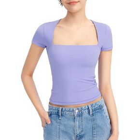 PUMIEY Women's Square Neck Going Out Tops Sexy Slim Fit Short Sleeve T Shirts Smoke Cloud Pro Collection