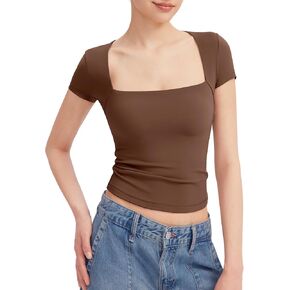 PUMIEY Women's Square Neck Going Out Tops Sexy Slim Fit Short Sleeve T Shirts Smoke Cloud Pro Collection