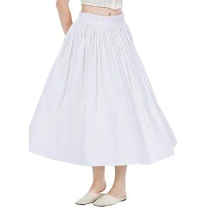 Women Long Skirt 100% Cotton with Elastic Waist A-Line Vintage Pleated Midi Skirt with 2 Pockets