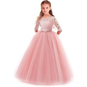 Flower Girls 3/4 Sleeves Lace Tulle Dresses Jr. Bridesmaid Wedding Party Birthday Pageant Communion Dance Ball Gown