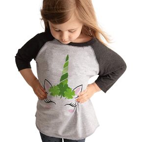7 ate 9 Apparel Girl's St Patrick's Day Unicorn Grey Baseball Shirt T-Shirt