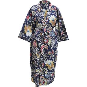 Women's Kimono Robe Long Robes with Colorful Crown Printed Blue Kimono Nightgown, One Size, Colorful Crown Blue