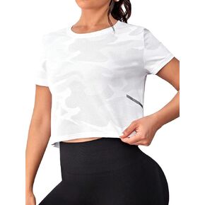 OYOANGLE Women's Graphic Print Workout Crop Tops Short Sleeve Sports Yoga T Shirts Activewear
