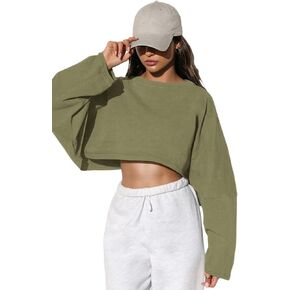 Women Long Sleeve Cropped Sweat Shirts Drop Shoulder Oversized Crewneck Y2k Tees Pullover Tops