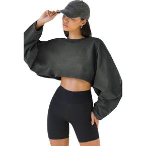 Women Long Sleeve Cropped Sweat Shirts Drop Shoulder Oversized Crewneck Y2k Tees Pullover Tops