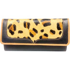 Leather Book® LW-1802 TAJ Leopard Ladies Wallet|11 card slots|1 card window|4 slide pockets|1 zip compartment pocket| 1 back silver metal zip pocket | Black, Tan Cowhide & Jersey leopard Print Leather