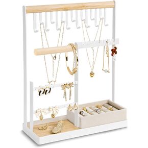 Jewelry Organizer Include Velvet Ring Case, 4 Tier Jewelry Holder Organizer with 16 Holes for Earring Organizer, Jewelry Stand with 15 Hooks Necklace Organizer and Bracelet Holder, White