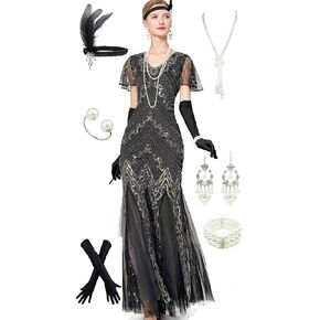 Women Sequin Sleeve Evening Long Dress 1920s Sequin Mermaid Wedding Costume w/ 20s Gatsby Accessories Set