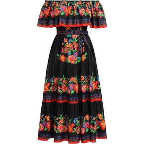 Women Traditional Mexican Dress Off Shoulder Floral Fiesta Folklorico Dresses Tropical Bohemian Maxi Long Sundress