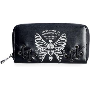 Lost Queen Women's Gothic Skeleton Butterfly Zip Around Wallet Ouija Spirit Board Faux Leather Zip Around Clutch