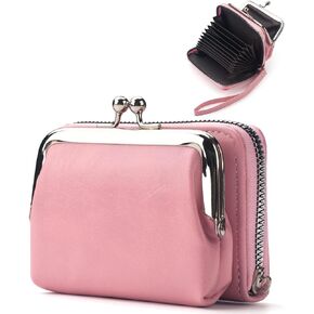 محفظة محفظة للعملات المعدنية، محفظة تغيير مع حامل بطاقة الائتمان، حقيبة جلدية لطيفة للنساء مع سوار معصم بسحاب وقفل للقبلة (وردي) in Kuwait