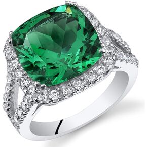 PEORA 6.50 Carats Simulated Emerald Ring for Women 925 Sterling Silver, 11mm Cushion Cut, Sizes 5 to 9