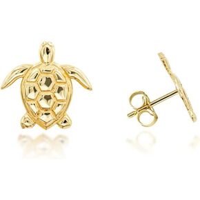 Womens Yellow Gold Sea Turtle Stud Earrings 0.35in x 0.37in