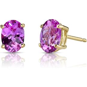 Peora Solid 14K Yellow Gold Created Pink Sapphire Earrings for Women, Classic Solitaire Studs, Hypoallergenic 7x5mm Oval Shape, 2 Carats total, Friction Back