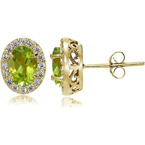Yellow Gold Flashed Sterling Silver Genuine, Created or Simulated Gemstone and Cubic Zirconia Accents Oval Halo Stud Earrings
