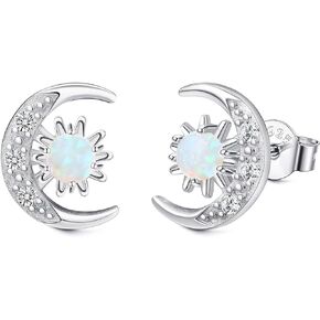 Milacolato 925 Sterling Silver Stud Earrings for Women Girls 18K Gold Plated Cubic Zirconia Crescent Moon Star Earrings Hypoallergenic Created Opal Stud Earrings for Sensitive Ears
