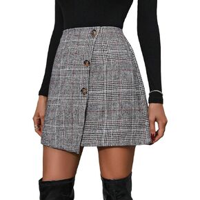 SweatyRocks Women's Plaid Pattern Button Front High Waist Skirt Asymmetrical Hem Wrap Mini Skirt