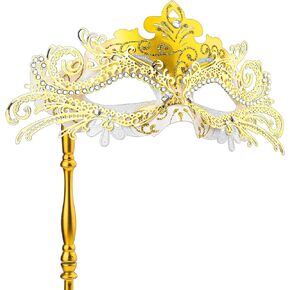 LUTER Masquerade Mask with Stick, Masquerade Mask Women Venetian Halloween Costume Mask Mardi Gras Party Masquerade Mask for Women Costume (White Gold)