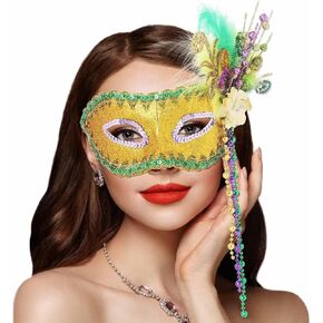 Campsis Masquerade Mask Feather Mardi Gras Mask Tassel Venetian Carnival Mask Party Prom Rave Costume Decorations for Women and Girls(Gold)