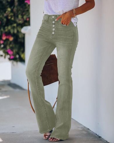 كوينشا بنطلون جينز نسائي بخصر مرتفع من الاسفل قابل للتمدد بتصميم بوي فريند كاجوال بقصة بوت كات in Kuwait