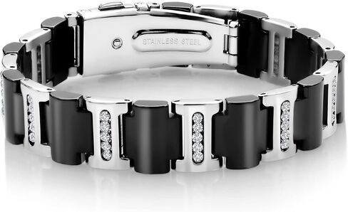 Gem Stone King Men's Stainless Steel and Black Ceramic Bracelet with 925 Sterling Silver CZ Chain (1.00 Cttw, 8.3 Inch, Width 14MM) in Saudi Arabia