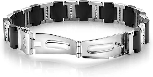 Gem Stone King Men's Stainless Steel and Black Ceramic Bracelet with 925 Sterling Silver CZ Chain (1.00 Cttw, 8.3 Inch, Width 14MM) in Saudi Arabia