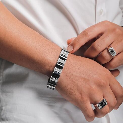 Gem Stone King Men's Stainless Steel and Black Ceramic Bracelet with 925 Sterling Silver CZ Chain (1.00 Cttw, 8.3 Inch, Width 14MM) in Saudi Arabia