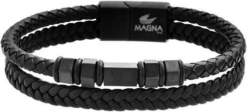 Men's Two-Layer Braided Genuine Leather Wheat Chain Bracelet with Stainless Steel Ornaments in Saudi Arabia