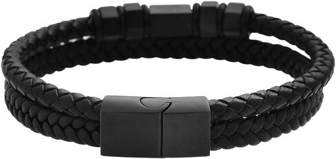 Men's Two-Layer Braided Genuine Leather Wheat Chain Bracelet with Stainless Steel Ornaments in Saudi Arabia